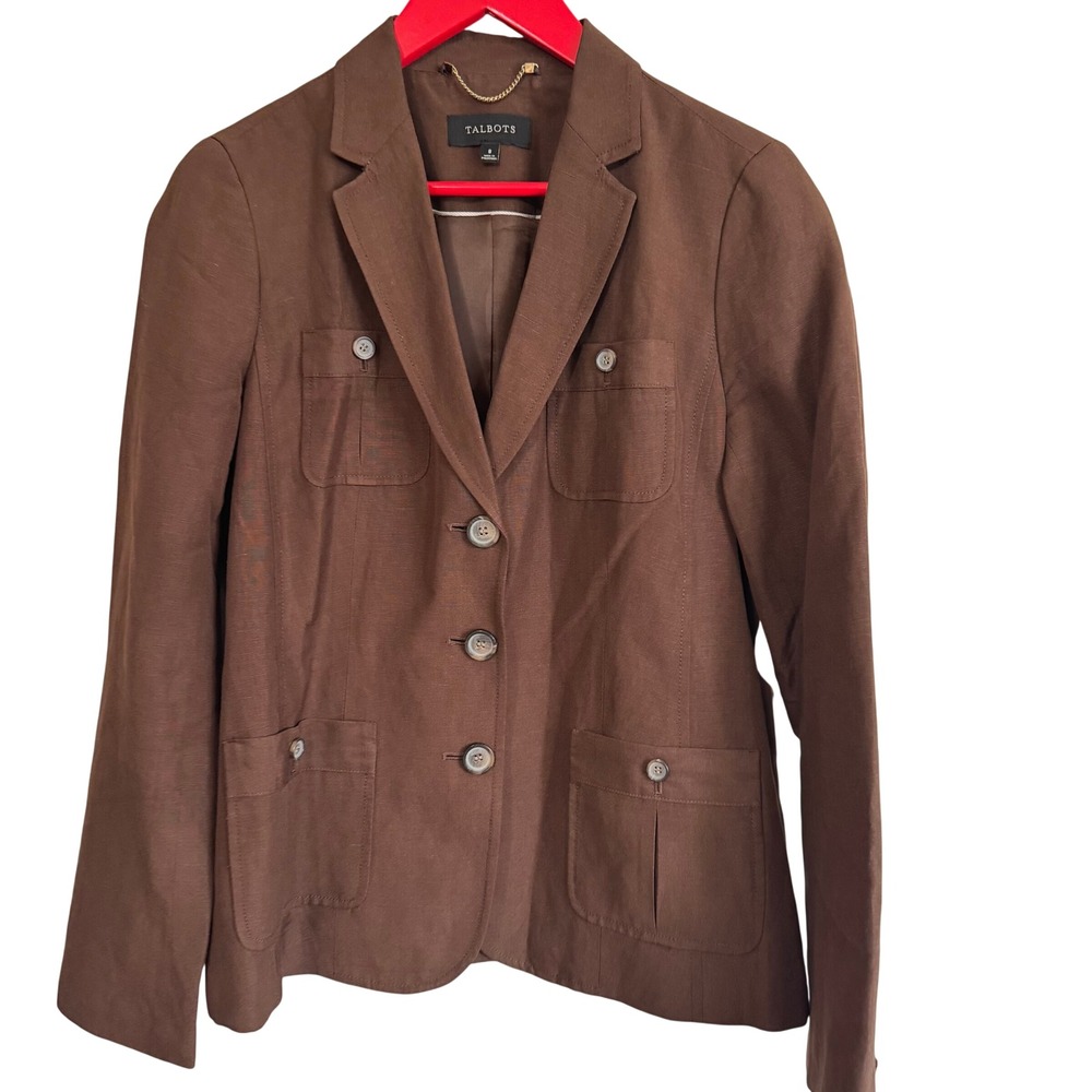 Talbots Womens Brown Linen Blend 3-Button Safari Blazer Jacket Size 8 Chic Class